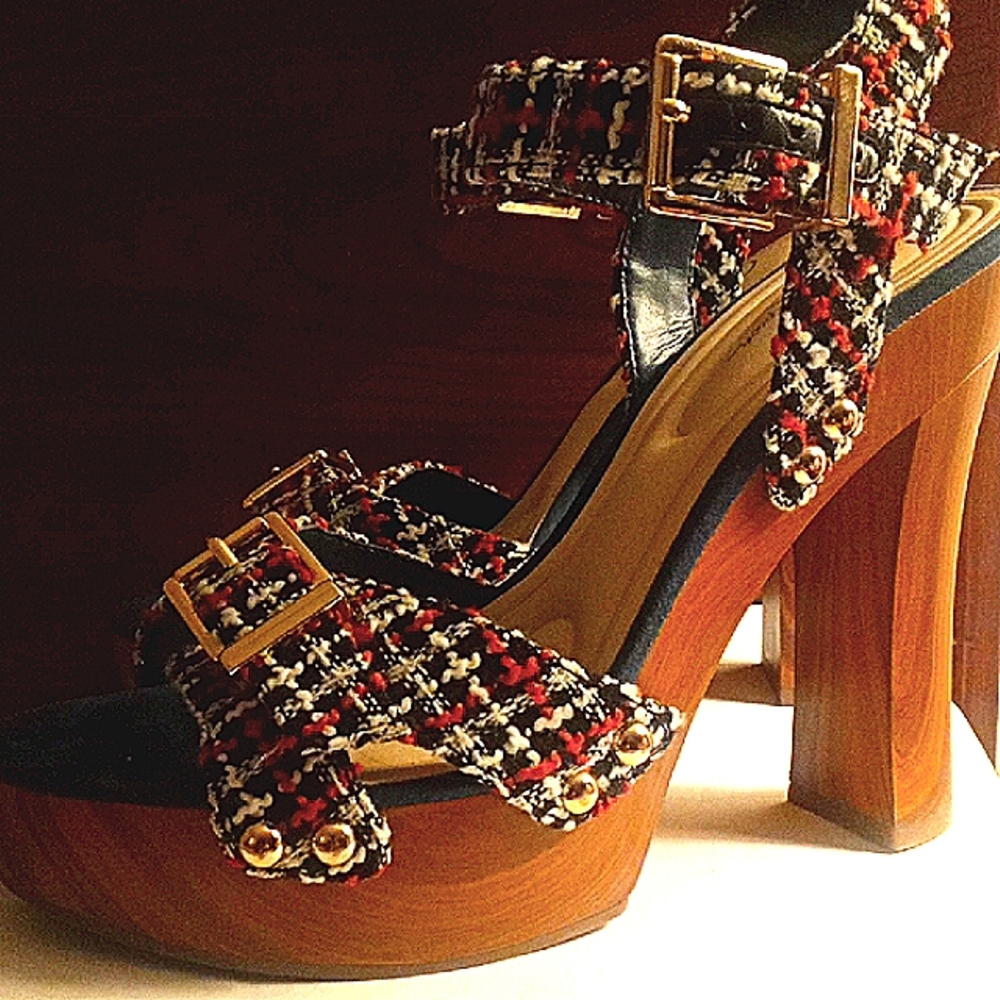 Jessica Simpson Red and Blue Heels with Chunky Platform Nautical Design